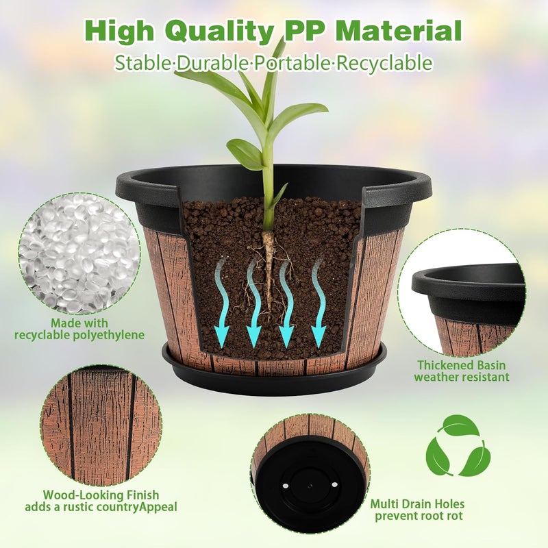 Quarut 4 Pack 10 inch Plant Pots,Upgrade Whiskey Barrel Planters with Drainage Holes & Saucer,Plastic Decoration Flower Pots Retro Design,Planters for Outdoor Indoor Garden Home Plants (Brown) - Image 4